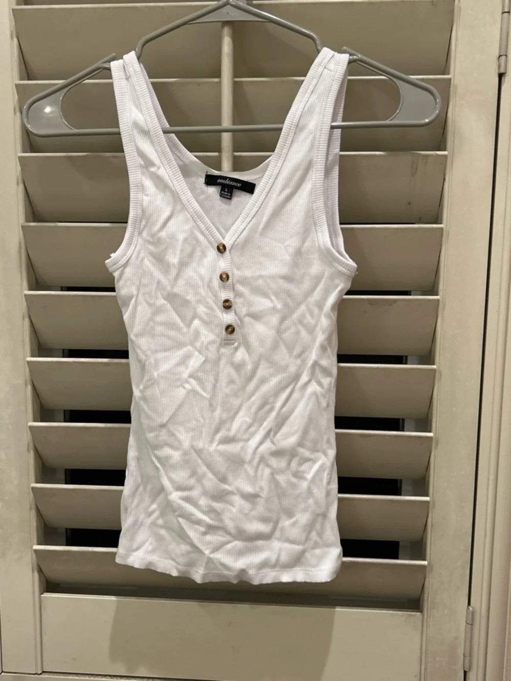 Ambiance White Ribbed V‑Neck Tank with Button Placket